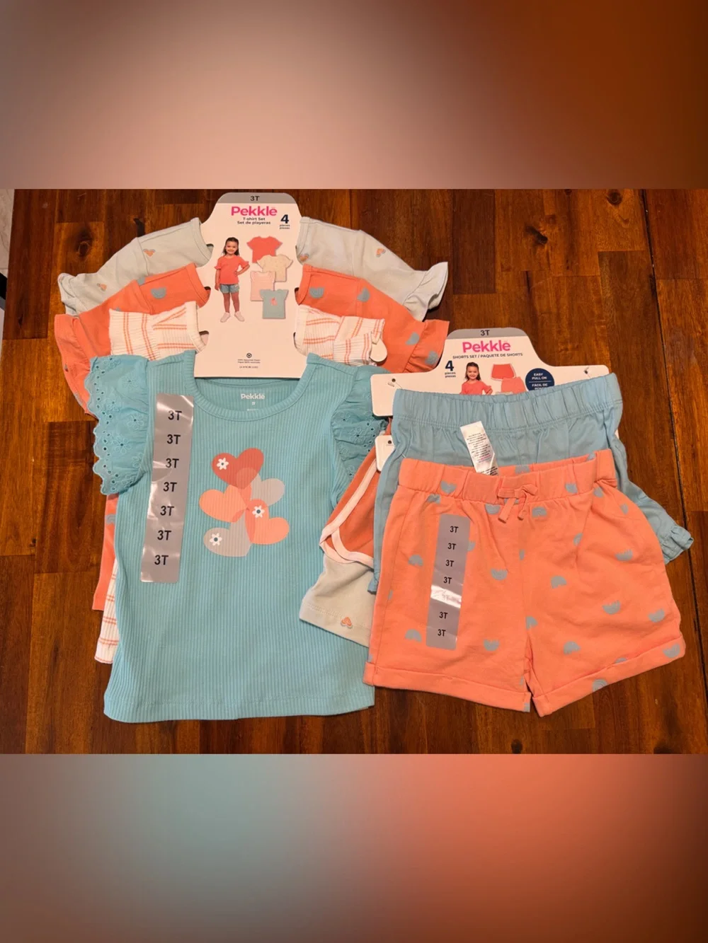 NWT Pekkle Girls 8-Piece Coral & Aqua T-Shirt and Shorts, Mix and Match Set - 3T